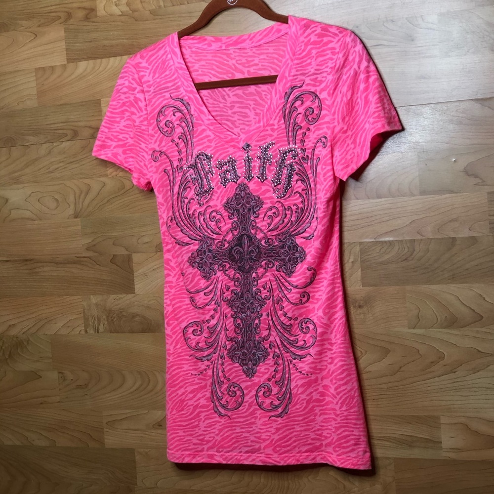 Faith V-Neck Burnout Pink T-Shirt with Crystals